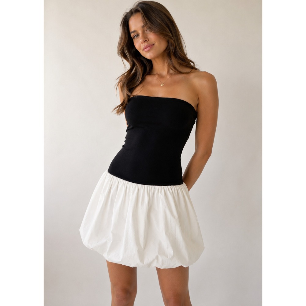 Camila Coelho Dress S Black White Strapless Drop Waist Bubble Mini Cocktail